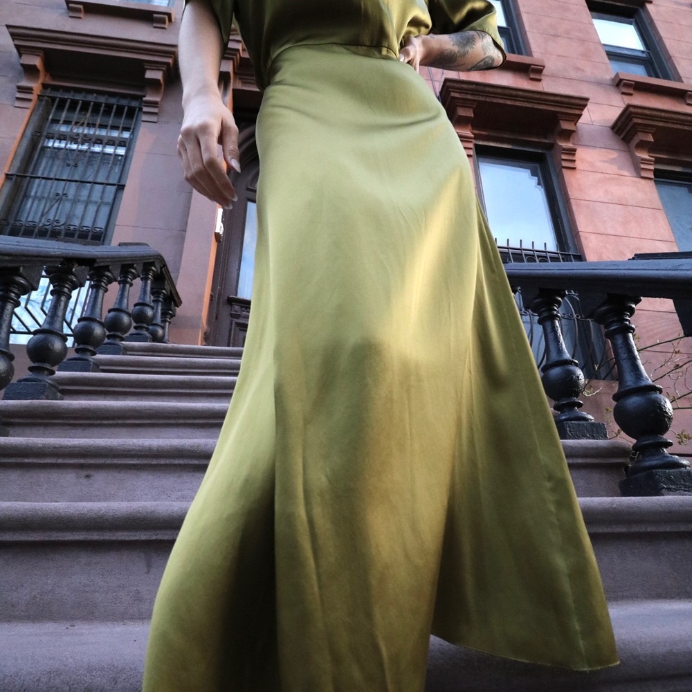 Open-Back Satin Maxi Dress in Olive Green - Picture 2 of 6
